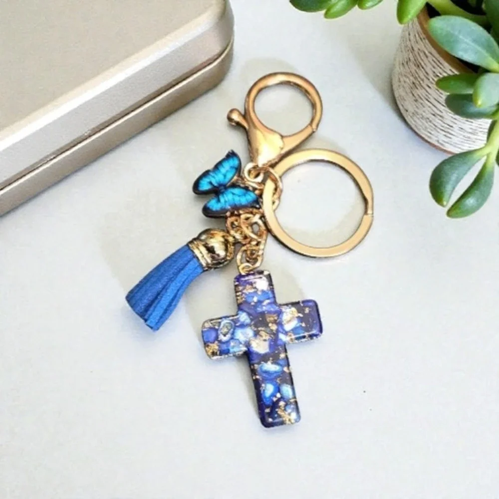 Blue‎ Butterfly Cross Tassel Keychain Gold Tone Charm Bag Purse Accessory